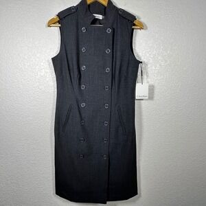 Calvin Klein Women Charcoal Double Breasted Midi Sleeveless Coat Dress Size 8‎